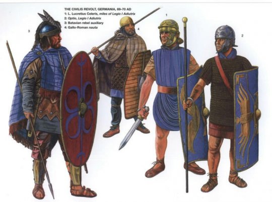 მარცხნივ ბატავიელი აჯანყებულები და გალო-რომანელი ჯარისკაცი