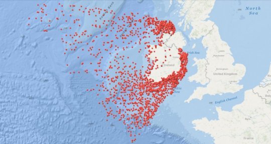 რუკა,  რომელიც ირლანდიის გარშემო ჩაძირულ 3554 გემს ასახავს