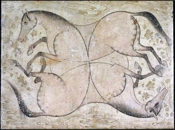 XVII საუკუნის ამ სპარსულ მინიატურაზე ოთხი ცხენია გამოსახული.