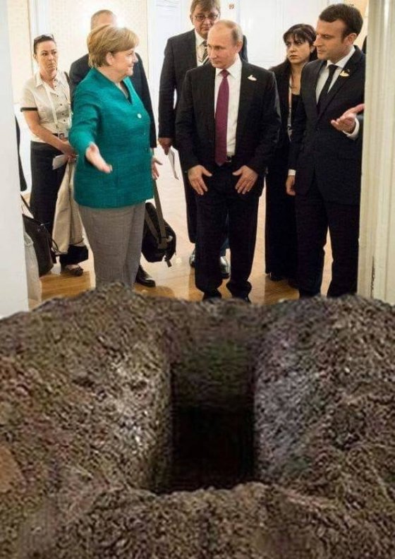 აჰაჰ, ზესახალისო ფოტო ანუ როგორ უთითებენ პუტინს მერკელი და საფრანგეთის პრეზიდენტი საფლავისკენ