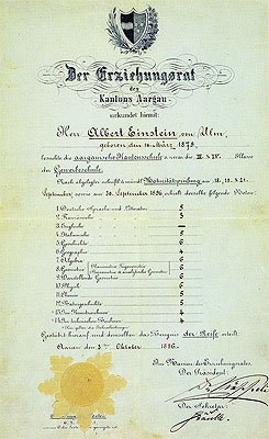ალბერტ ეინშტეინის შვეიცარიის სკოლაში მიღებული ატესტი . 1896 წელი