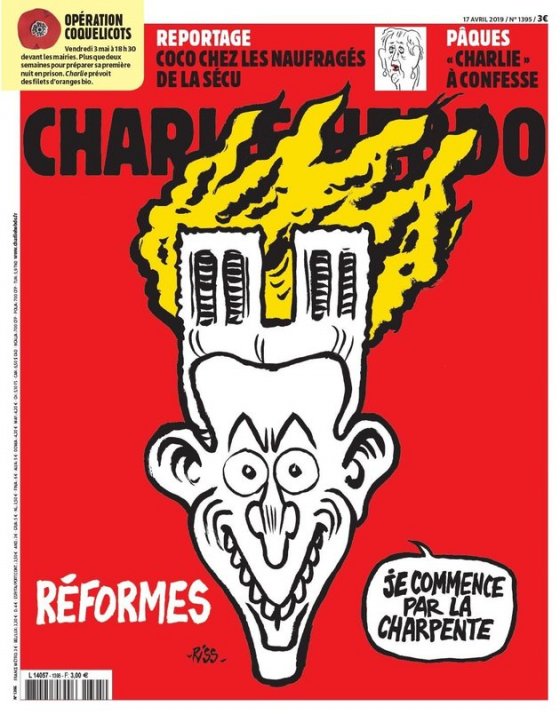 Charlie Hebdo-ს ახალი კარიკატურა - მაკრონი თავზე ცეცხლმოკიდებული ნოტრ-დამით
