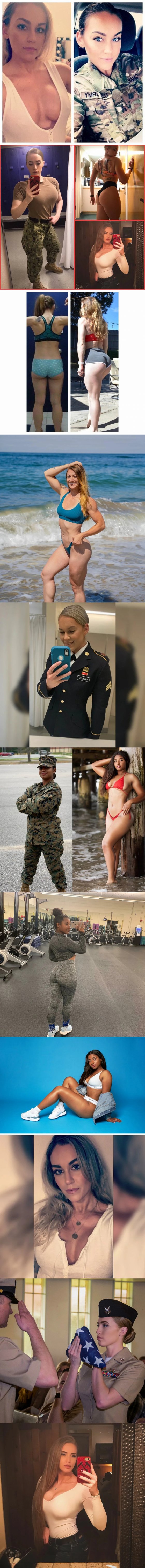 ამერიკელი სამხედრო ქალები ფორმით და საცურაო კოსტუმებში. კოლაჟი