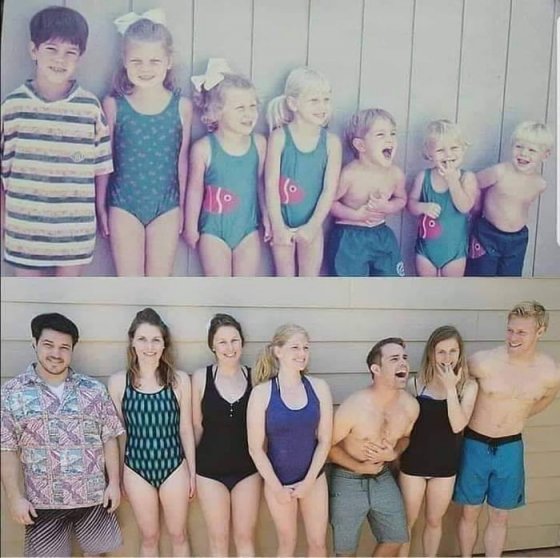 ბავშვები და მათი ახალი სურათი 20 წლის შემდეგ იგივე ფორმით და იგივე წყობით