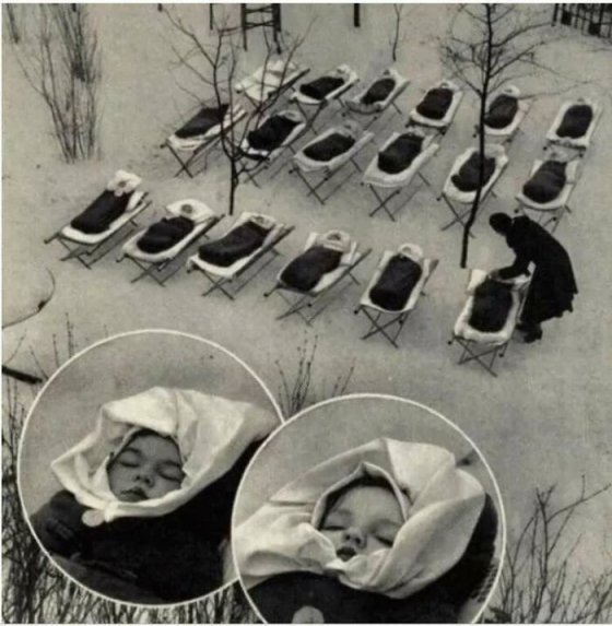 ჩვილები დატოვეს გარეთ დასაძინებლად, იმუნური სისტემის გასაძლიერებლად, მოსკოვი 1958 წ