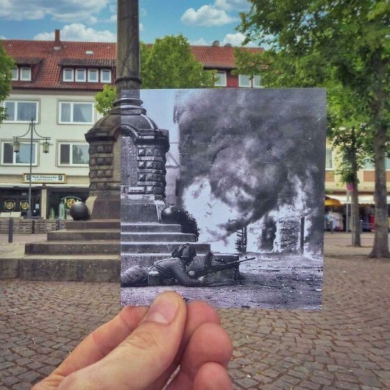 ქალაქის მოედანი უელზენში, ქვემო საქსონია, გერმანია - რაინის ბრძოლის დროს, 1945 და 2021 წლის აპრილი