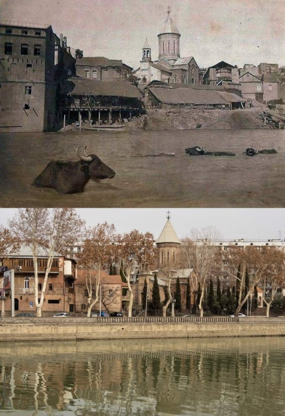 1900 წელი და დღეს, თბილისის მტკვრის სანაპირო, ჩანს წმინდა ნიკოლოზის ტაძარი